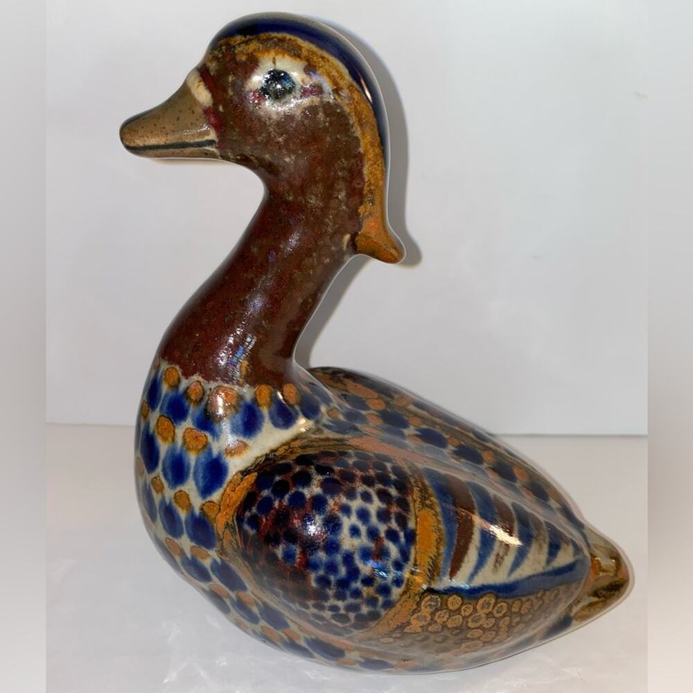 Vtg Tonala Brwn Blue Tan Studio Pottery Ethnic Boho MCM 9”T 7 L and 5 W Decor